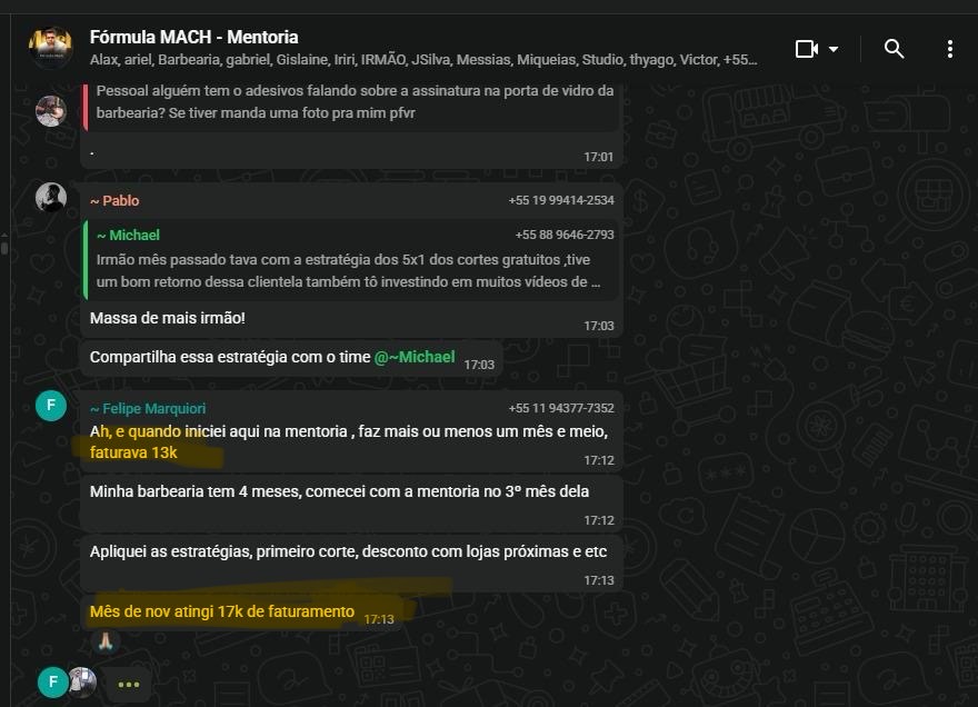 Mentorado relatando salto de faturamento de 13k para 17k